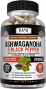 Kaya Naturals Ashwagandha 1300mg, 120 Count Capsules for Stress Relief, Adrenal, Mood & Thyroid Support, Black Pepper og 100% Pure Ashwagandha -120 Capsules