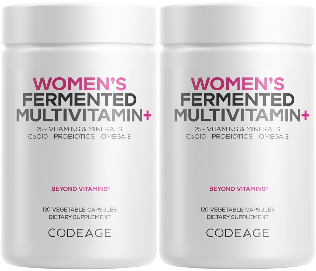 Kodeage kvinders daglige multivitamin, 25 + vitaminer og mineraler, gæret, økologiske hele fødevarer, Probiotika supplement - vitamin A, B, C, D, E & K, Omega 3, Zink - Vegan - 2 Pack