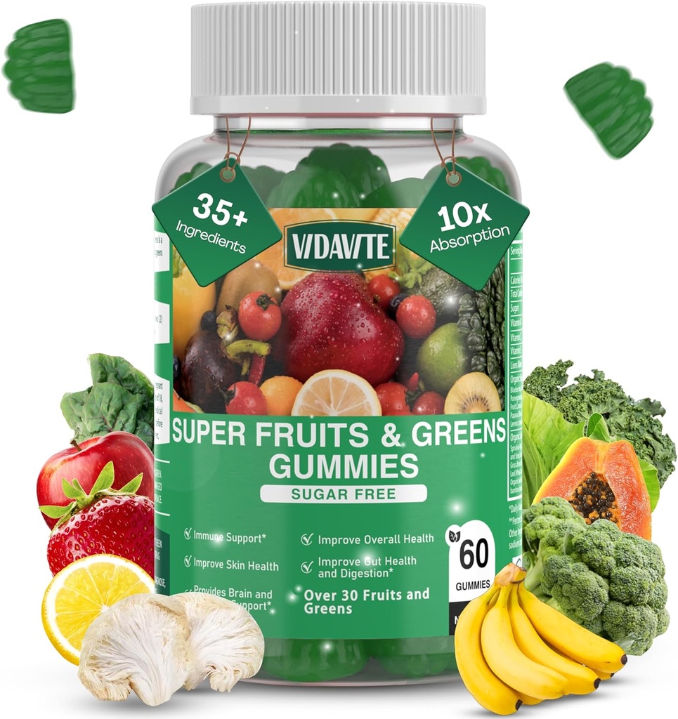 Sugar- free Super Green Gummies - US- Made, 35 + Frugt og Veggie gummies to Boost Immunity, Hud & Gut Sundhed - Ideel Frugt og grøntsager supplement til voksne & Picky Teens (30-dages levering)