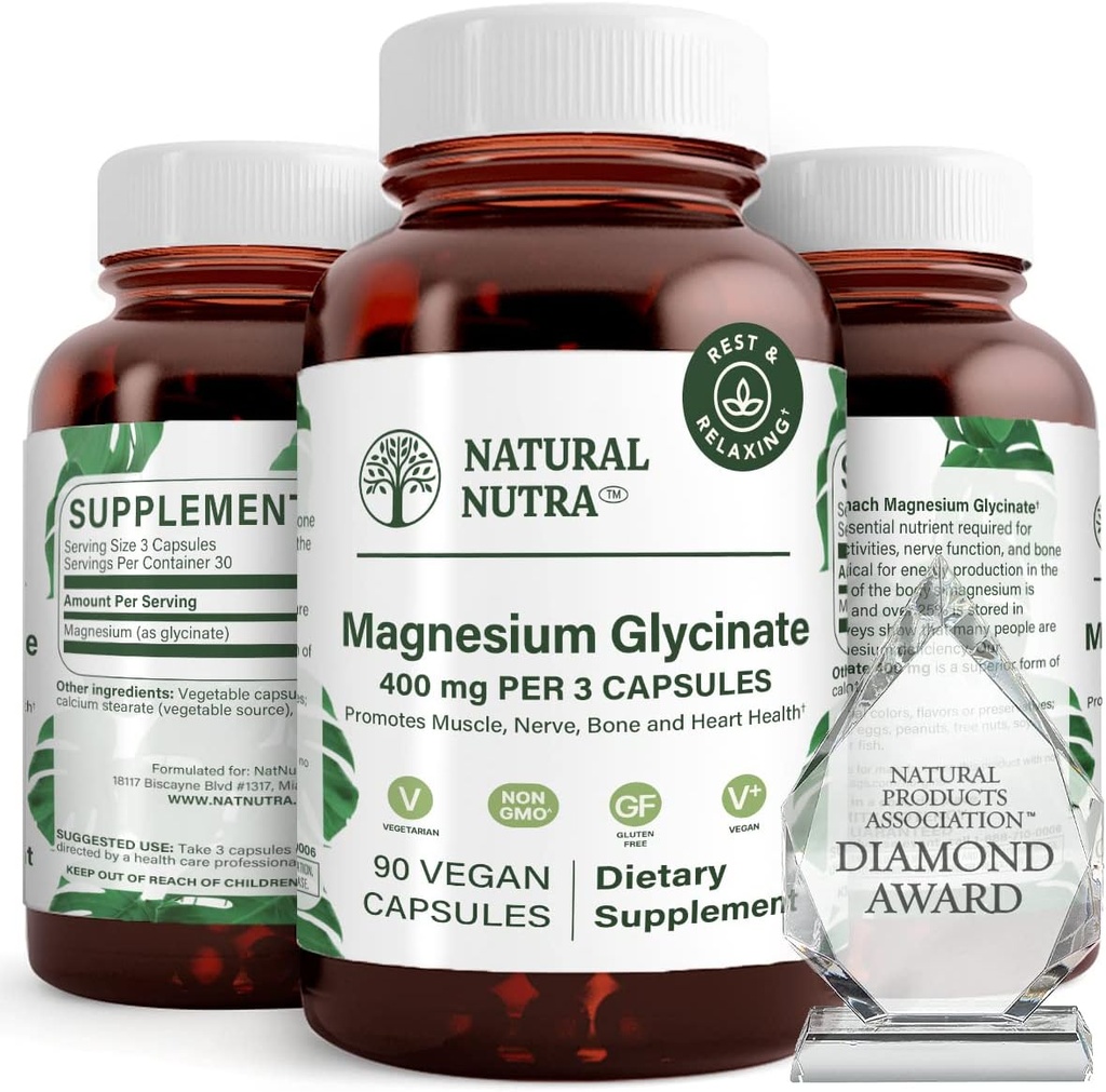 Naturlig Nutra Magnesium Glycinate 400 mg tillæg, fremmer kardiovaskulær sundhed, Vegan, Hjælper Forbedre knoglesundhed, Soy Free, 90 kapsler