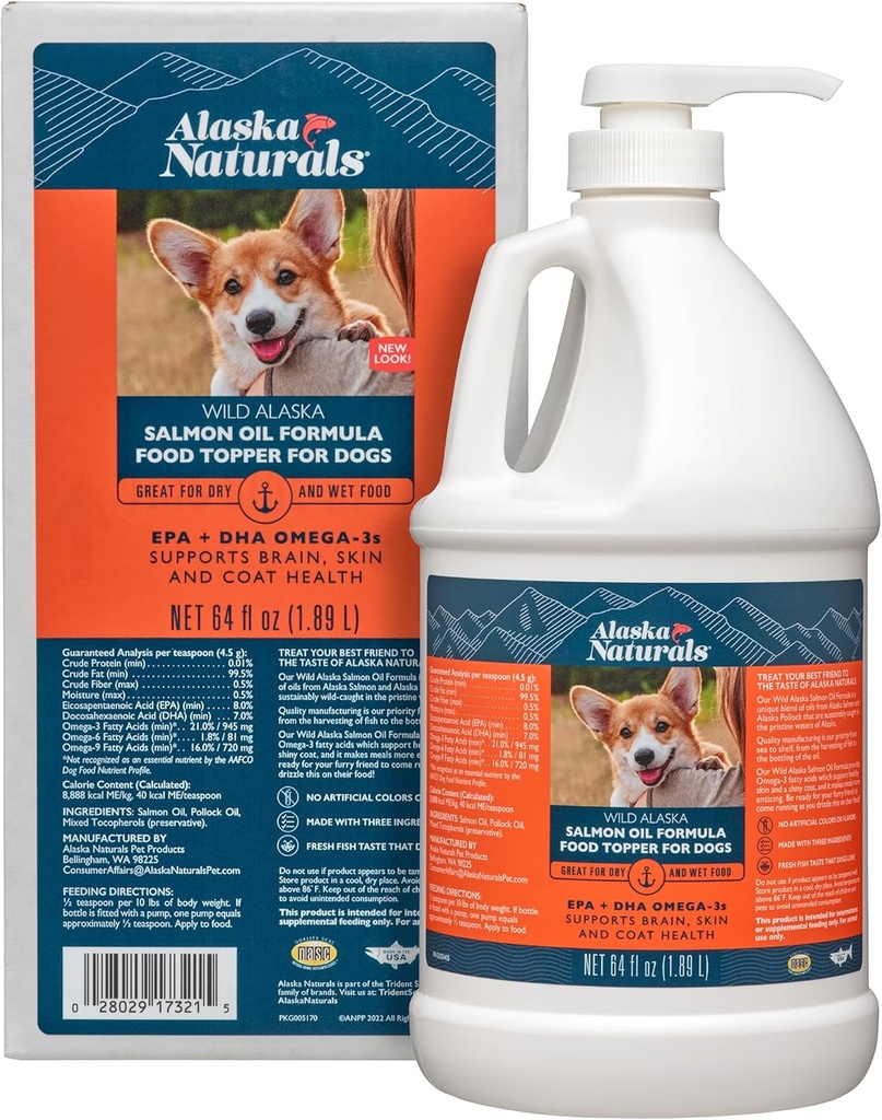 Alaska Naturals Wild Alaska Salmon Fish Oil Supplement for Hunde Hud og Coat med EPA DHA Omega 3 Fedtsyrer flydende mad Topper 64 oz. Pumpe