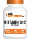 BulkSupplements.com Vitamin B12 5000 mcg Softels - Cyanocobalamin, B-vitamin Kosttilskud, B12 Vitamin Pills - Gluten Free, 1 Vitamin B12 Softgel per Servering, 180 - Day Supply, 180 Softgels