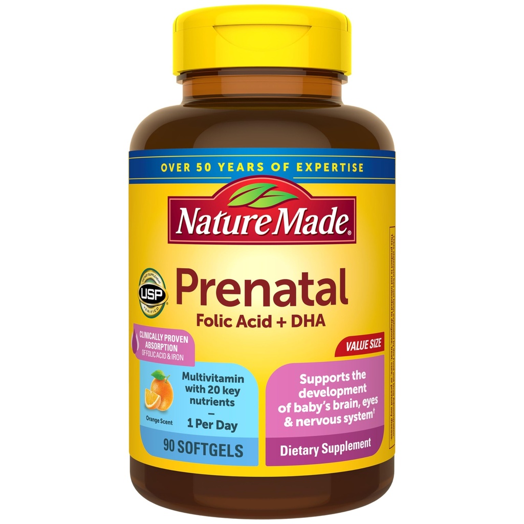 Natur Lavet prenatal med folinsyre + DHA, prenatal Vitamin og mineralsk supplement til daglig ernæringsstøtte, 90 Softgels, 90 Day Supply