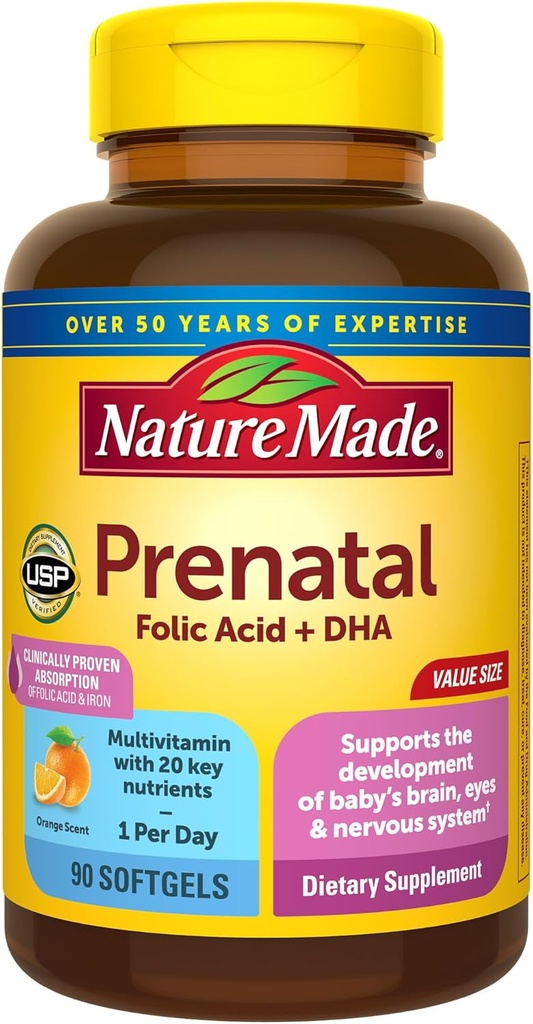 Natur Lavet prenatal med folinsyre + DHA, prenatal Vitamin og mineralsk supplement til daglig ernæringsstøtte, 90 Softgels, 90 Day Supply