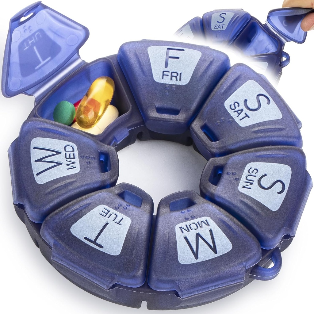 Round Weekly Pill Organizer, TPU Rubberized, Travel Pill Container 7 Dag, med 7 store kompartmenter, Great for daglige vitaminer & kosttilskud, Cute Pill Case med store bogstaver og braille (blå)