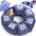 Round Weekly Pill Organizer, TPU Rubberized, Travel Pill Container 7 Dag, med 7 store kompartmenter, Great for daglige vitaminer & kosttilskud, Cute Pill Case med store bogstaver og braille (blå)