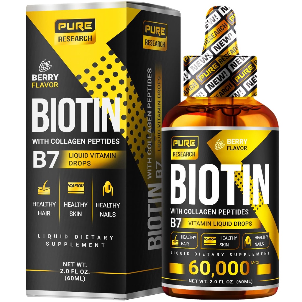Flydende biotin & collagen hårvækst dråber 60,000mcg - Biotin og flydende collagen supplement til mænd og kvinder - glødende hudstøtte, sundt hår & negle vækst - 2oz