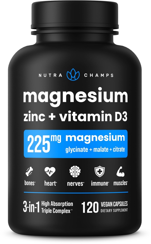 NutraChamps Magnesium Zink & Vitamin D3 Supplement - De fleste biotilgængelige former; Magnesium Glycinat, Malat, Citrate - Knogler, Muskel & Hjerte, immunforsvar - 120 Veganske kapsler