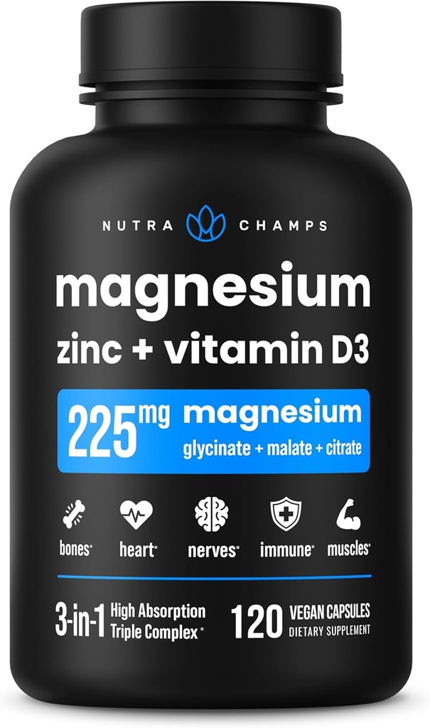 NutraChamps Magnesium Zink & Vitamin D3 Supplement - De fleste biotilgængelige former; Magnesium Glycinat, Malat, Citrate - Knogler, Muskel & Hjerte, immunforsvar - 120 Veganske kapsler