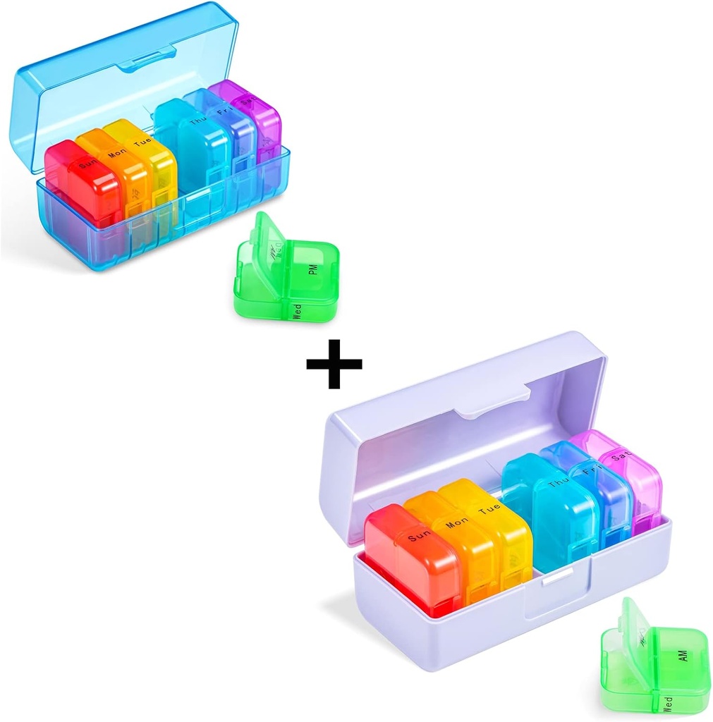 Zoksi Weekly Pill Organizer 2 gange om dagen, Rainbow 7 dag Am Pm Pill Box, Daily Am Pm Pill Organizer 7 dag, Bærbar Vitamin Pill Case, Weekly Pill Box for Fish Oils, Vitamin, Supplement (2 Pack)
