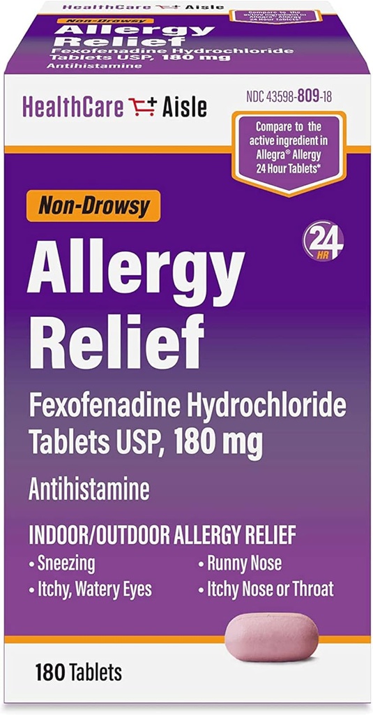 HealthCareAisle Allergy Relief - Fexofenadine Hydrochloride Tablets USP, 180 mg - 180 tabletter - Allergi Medicin, non- Drowsy 24- Hour Relief