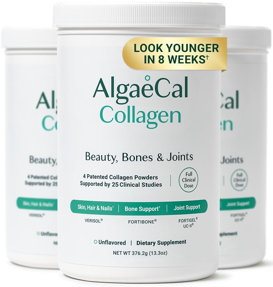 ALGAECAL Collagen - 4 Klinisk - Supporterede Peptider VERISOL ®, FORTIGEL ®, UC- II ®, FORTIBONE ®, Anti- Aging Hydrolyzed Collagen Powder, 3 pakker, Made in USA