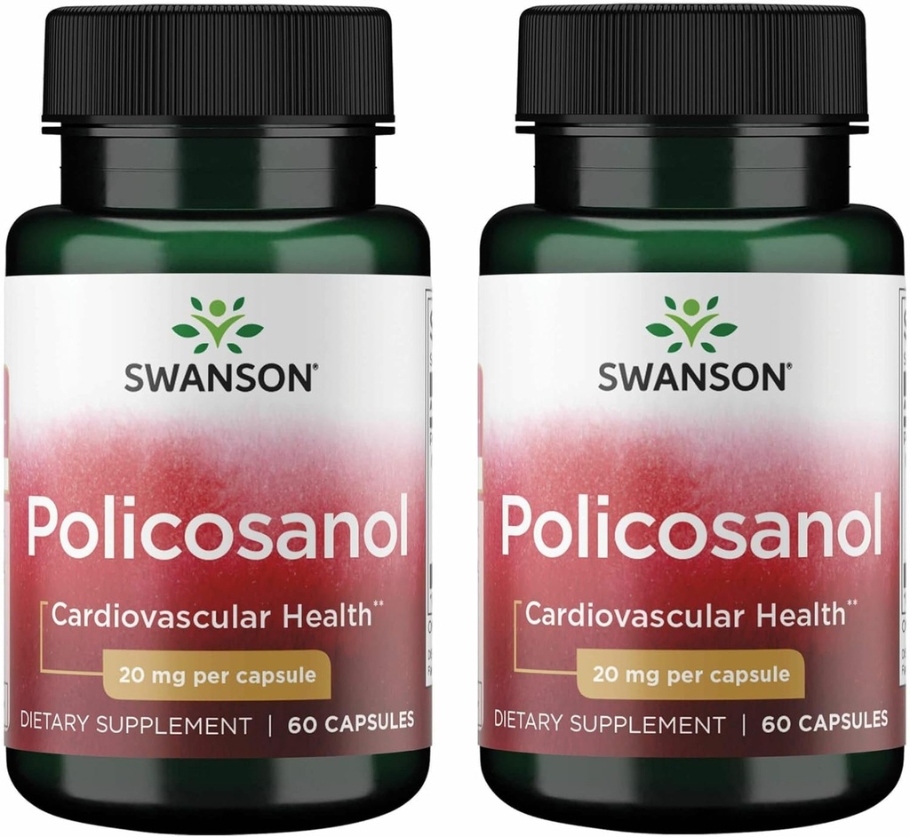 Swanson Policosanol - Supplement Hjælper Støtte Kardiovaskulær Sundhed - Alle naturlige formel aids Good Heart Health & Function - Hjælper med at opretholde sunde Cholesterol Niveauer (60 kapsler, 20 mg hver) 2 Pack