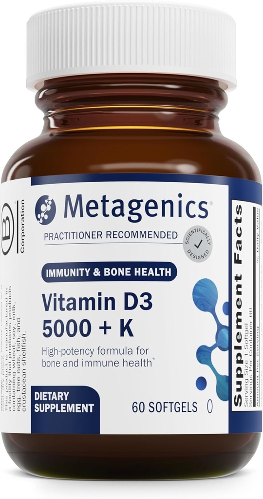 Metagenics Vitamin D3 + K - for Artery Health, immunforsvar, ben & hjerte sundhed * - Vitamin D med MK- 7 (Vitamin K2) - Non- GMO - Gluten- Free - 60 Softgels - 5.000 IE