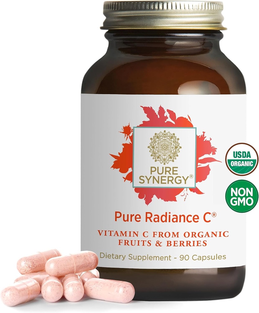 PURE SYNERGY Pure Radiance C - Organic Vitamin C Kapsler 124; 100% hel kosttilskud, non-GMO, Camu Camu Extract med naturlig immunforsvar & kollagen support - 90 Kapsler