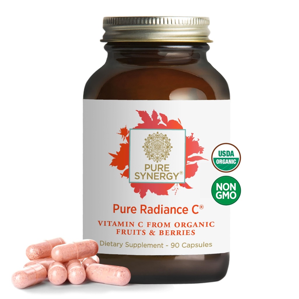 PURE SYNERGY Pure Radiance C - Organic Vitamin C Kapsler 124; 100% hel kosttilskud, non-GMO, Camu Camu Extract med naturlig immunforsvar & kollagen support - 90 Kapsler
