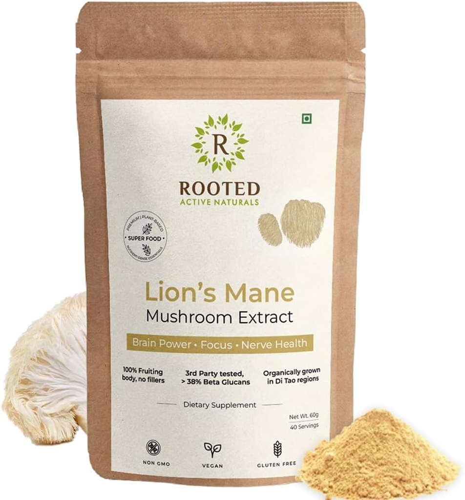 ROOTED Active 's, Lions Mane Mushroom Extract Powder (Certified Organic, 38% Verified Beta Glucans - 124; Cognition, Clarity, Focus & Mood, Brain Health Support (2.11 Ounce)
