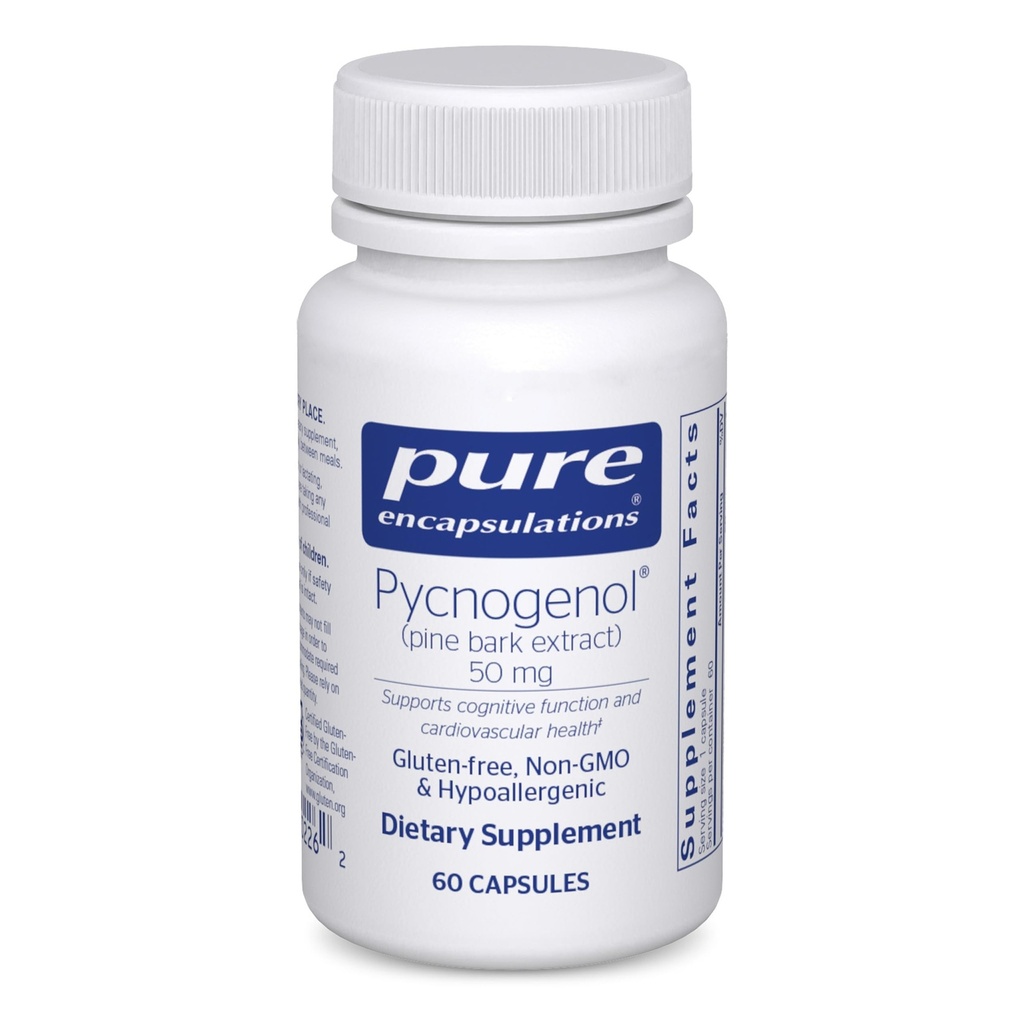 Pure indkapslinger Pycnogenol (Pine Bark Extract) 50 mg • 124; Hypoallergen supplement til støtte kognitiv funktion og kardiovaskulær sundhed • 124; 60 kapsler