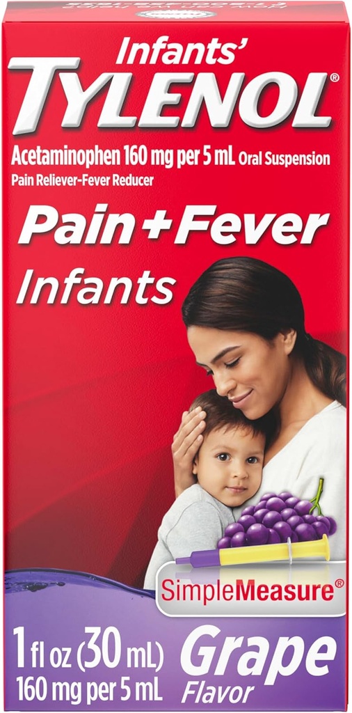 Spædbørn Tylenol Oral Suspension Liquid Medicine med Acetaminophen, Baby Fever Reducer & Pain Reliever for Mindre Aches & Pains, Sore Hals, Hovedpine & Tandpine, Grape Flavor, 1 fl. Oz