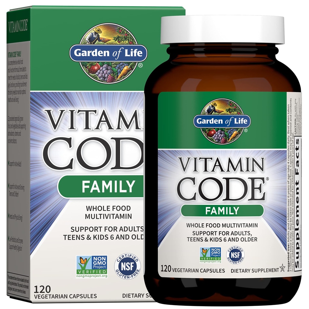 Livets Have Multivitamin til kvinder, Mænd & Børn 6 år og op, Vitamin Code Familie Multi - 120 Vegetariske Kapsler, Hele fødevarer Vitaminer, Mad Blend & Probiotika, Gluten Gratis Kosttilskud