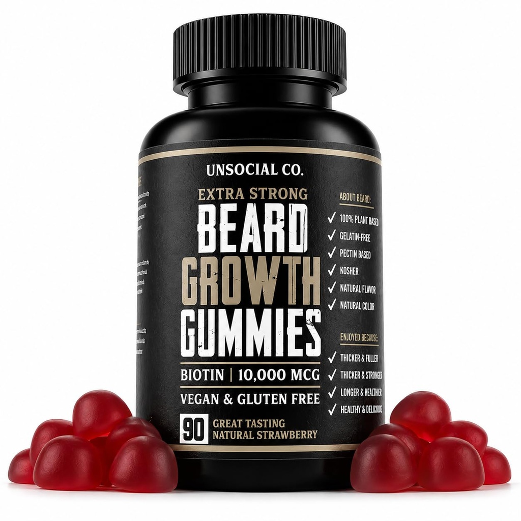 Usocial Co. Extra Strong Beard Growth Vitamin Gummies Name 124; Biotin 10000 MCG Beeg 124; Promoderer stærk & Thick Facial Hårvækst for mænd