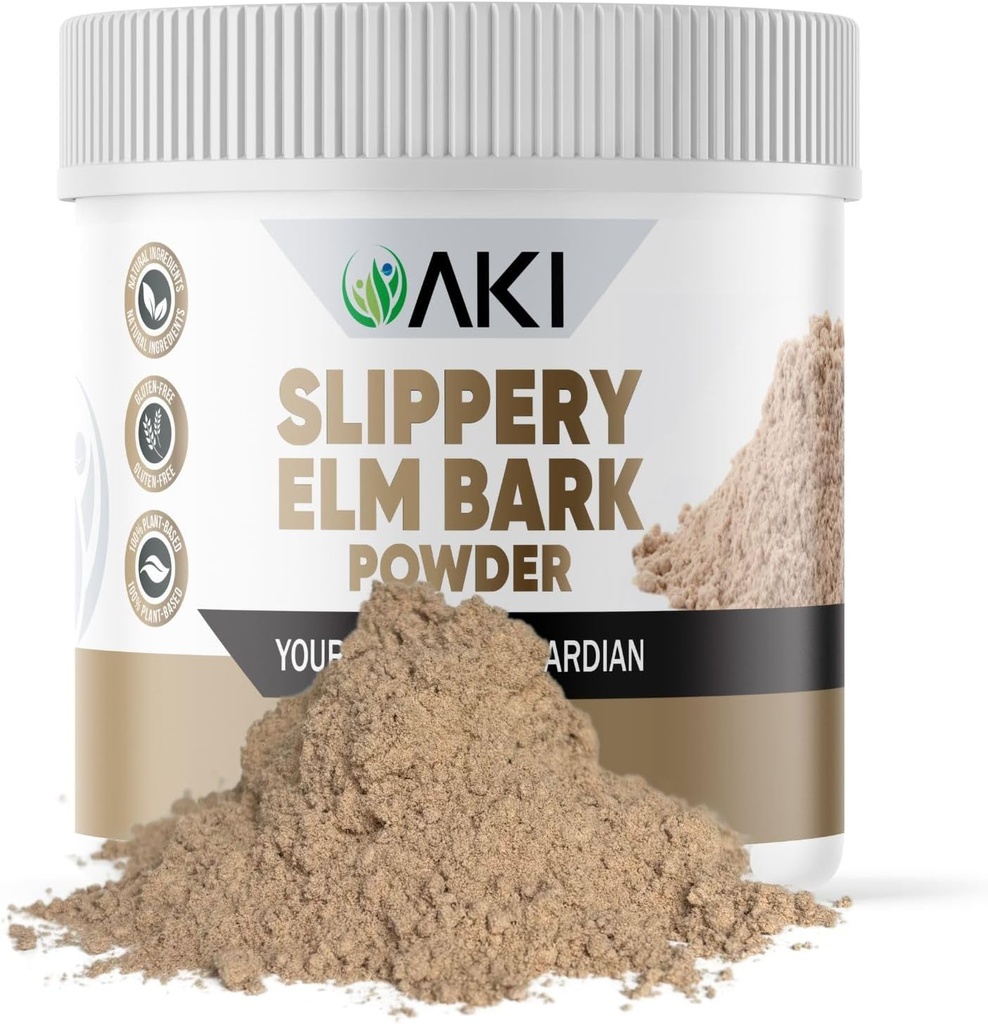 AKI Slippery Elm Bark Powder - Plant-baseret protein, Lindrende Remedy for fordøjelse Wellness & Throat Comfort - Vegan- Friendly, Gluten- Free, Non- GMO & Gratis fra kunstige tilsætningsstoffer (4oz / 113g)