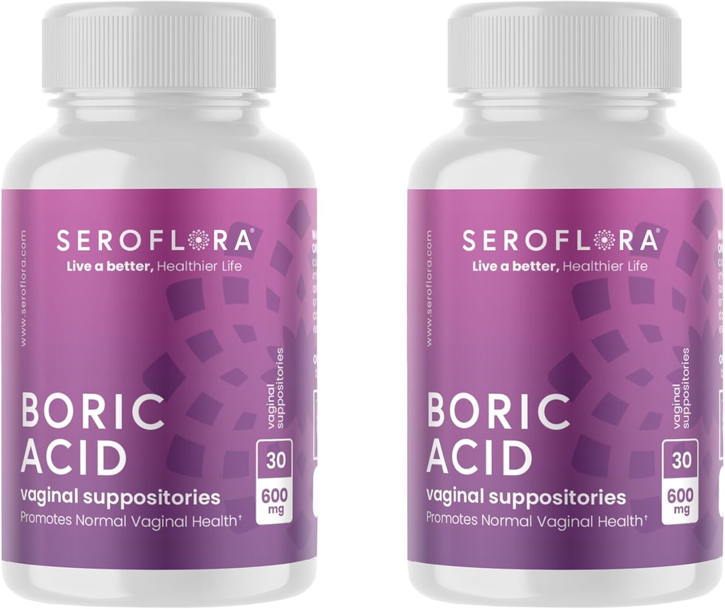Seroflora Boric Acid Vaginal Supposites 600 mg - Boric Acid Pills for Women - Intimate Health pH Balance - Understøtter Vaginal Odor Control (30ct, 2 flasker) Made in USA.