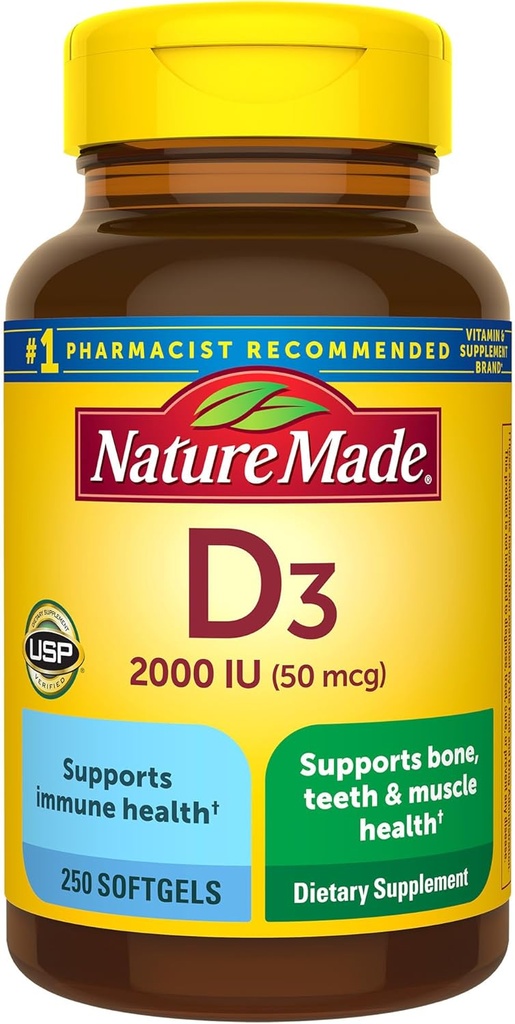Nature Made Vitamin D3 2000 IE (50 mcg), Vitamin D tillæg for ben, tænder, muskel og immunforsvar Support, 250 Softgels, 250 dages forsyning