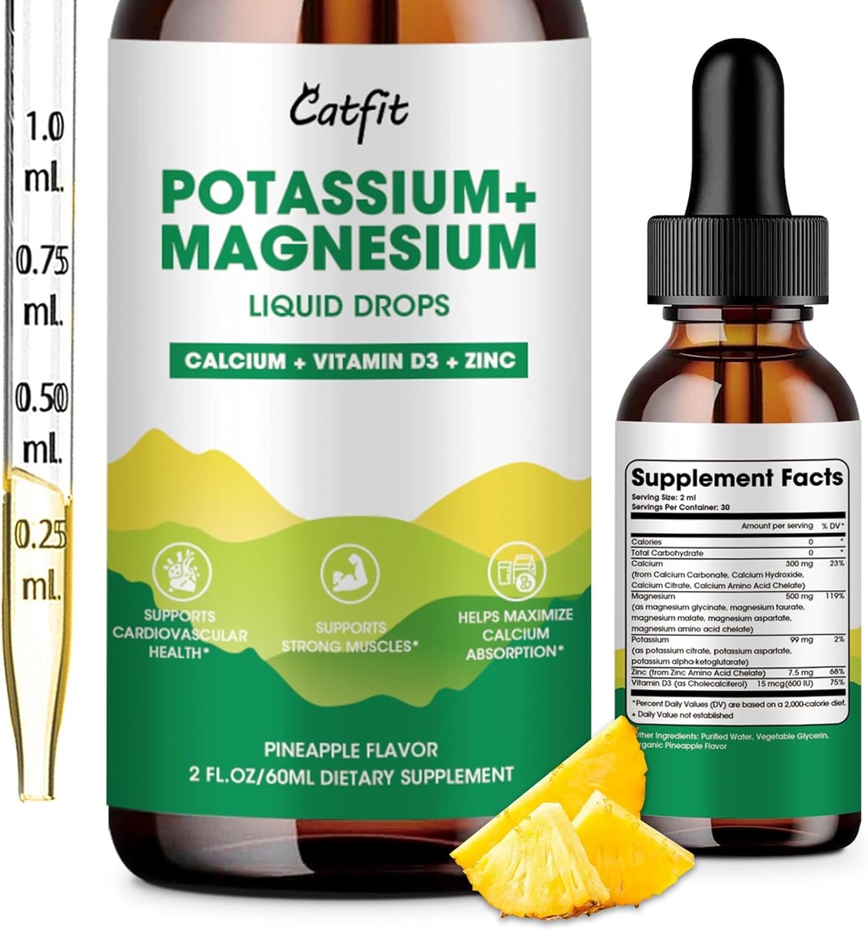 Kalium Magnesium Glycinat Supplement- High Absorption Magnesium Complex Liquid Drop med calcium, kalium, D3-vitamin og zink til søvn, ben kramper, muskler & energi, sukker fri & Vegan 2 Fl Oz