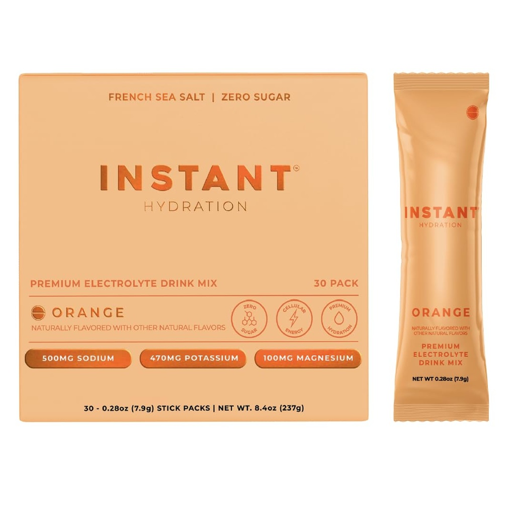 Instant Hydration Electrolytes Powder Packets - Citrus Orange Drink Mix - Zero Sugar - Keto, Vegan, Gluten- Free, Non- GMO - Boost Recovery, Brain Health, Muscle & Tissue Support - 30 sticks