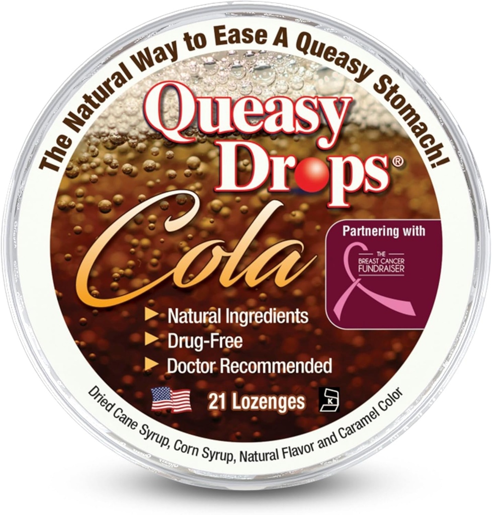 Tre Lollies Queasy Drops - Cola Flavor - Relief from Kvalme & Rejse Sygdom, Lindrer en tør mund & Settles Mave - Naturlige ingredienser - 21 ct