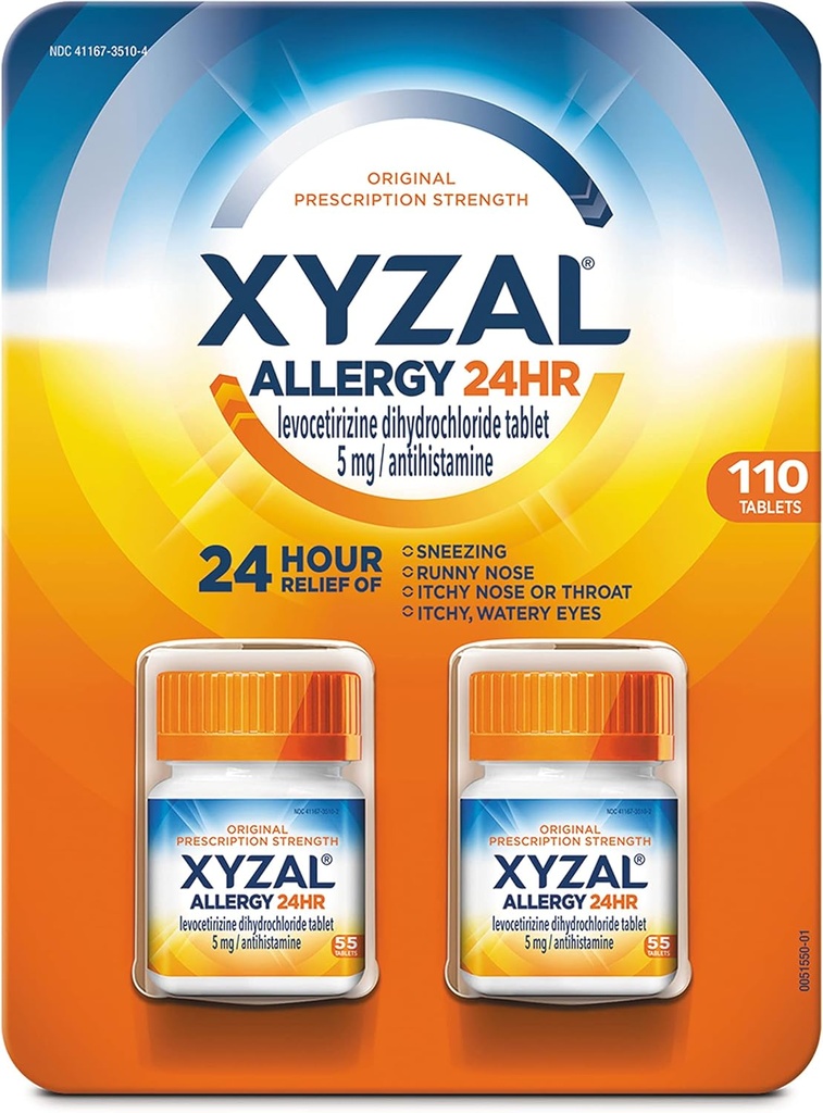 Xyzal Allergy Pills, 24- timers Allergy Relief, Original receptpligtig styrke, 55 greve (pakke med 2)
