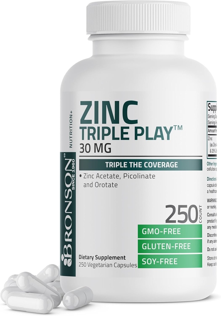 Bronson Zink Triple Play 30mg Triple Coverage immunforsvar med Zinkacetat, Picolinate & Oroter - immunforsvar, antioxidant & hudstøtte - 250 vegetariske kapsler