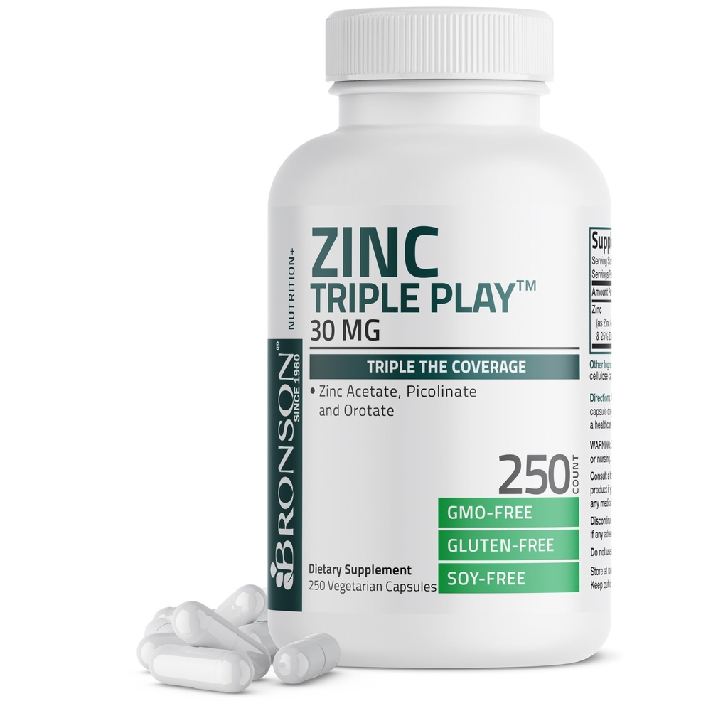 Bronson Zink Triple Play 30mg Triple Coverage immunforsvar med Zinkacetat, Picolinate & Oroter - immunforsvar, antioxidant & hudstøtte - 250 vegetariske kapsler