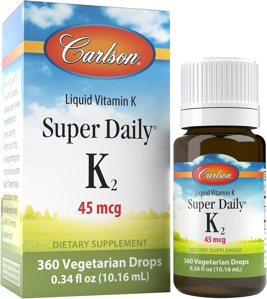 Carlson - Super Daily K2, 45 mcg Liquid Vitamin K, Bone Health, K2 Vitamin, Vitamin K Supplement, Vitamin K-2 MK7, Unflavored, 360 Drops (10.16 mL)