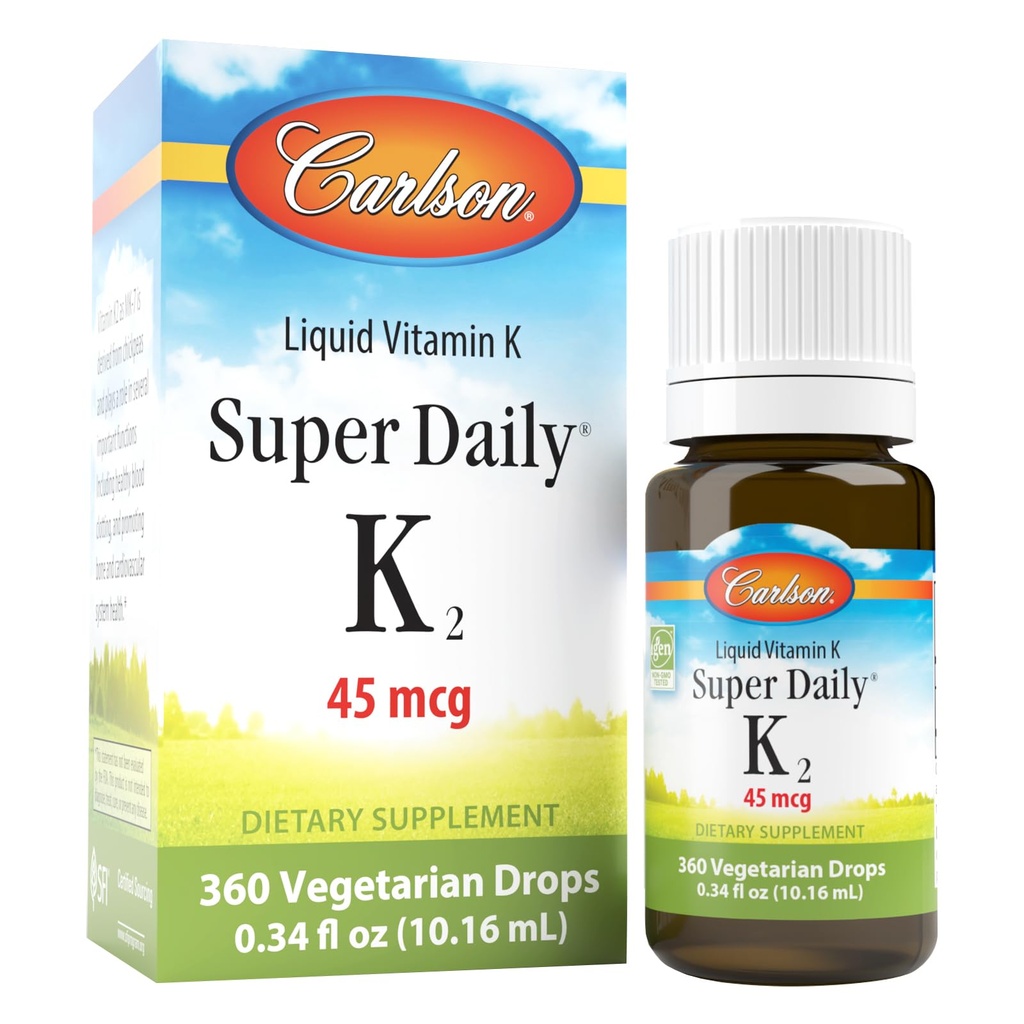 Carlson - Super Daily K2, 45 mcg flydende vitamin K, ben sundhed, K2 Vitamin, vitamin K tillæg, vitamin K-2 MK7, Unflavored, 360 dråber (10,16 ml)
