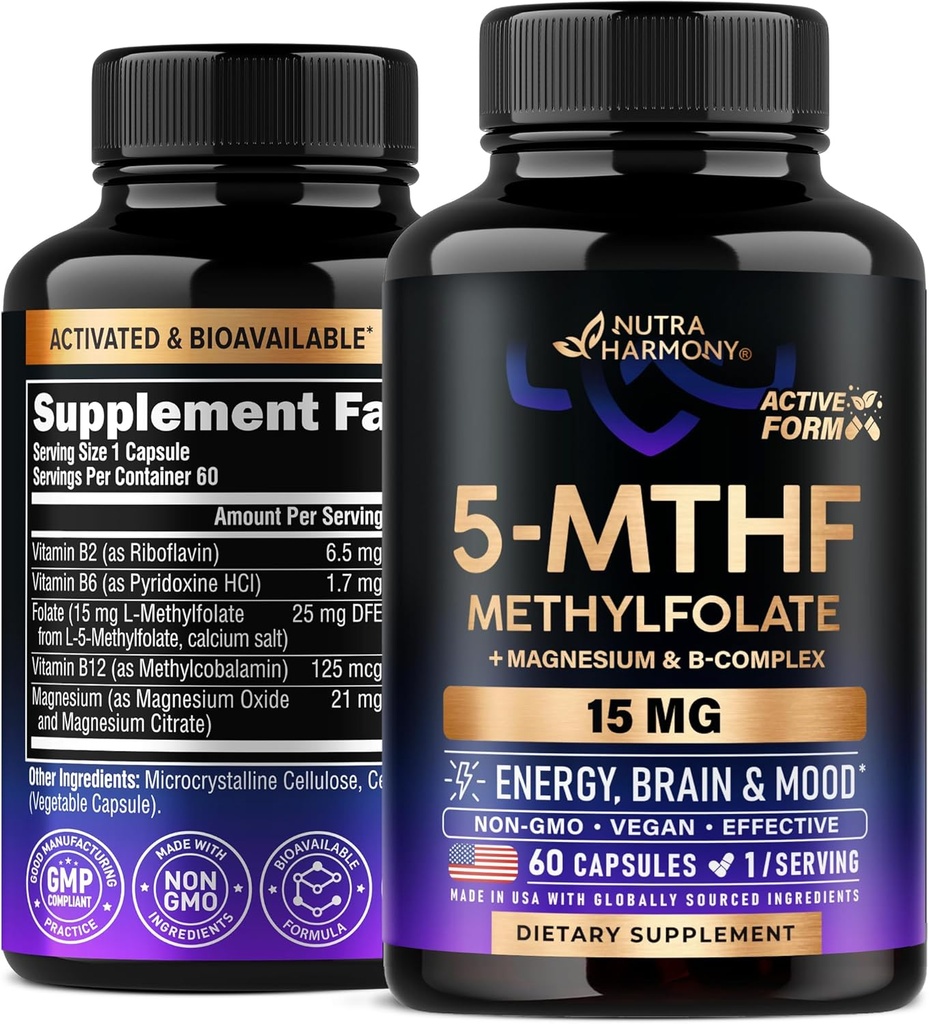 NUTRAHARMONY L Methylfolat 15 mg - 5 - MTHF Methylfolat Supplement Plus Methyl B12, Vitamin B2 & B6, Magnesium - Lavet i USA, 60 kapsler til 2 måneder