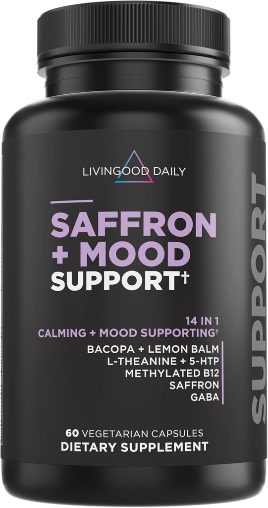 Livingood Daily Mood Support Supplement for Women & Men, 14-in-1 Formula with L Theanine, Lemon Balm, GABA, Saffron, 5-HTP & B12, Supports Focus & Emotional Wellness, Gluten Free, Vegan, 60 Capsules