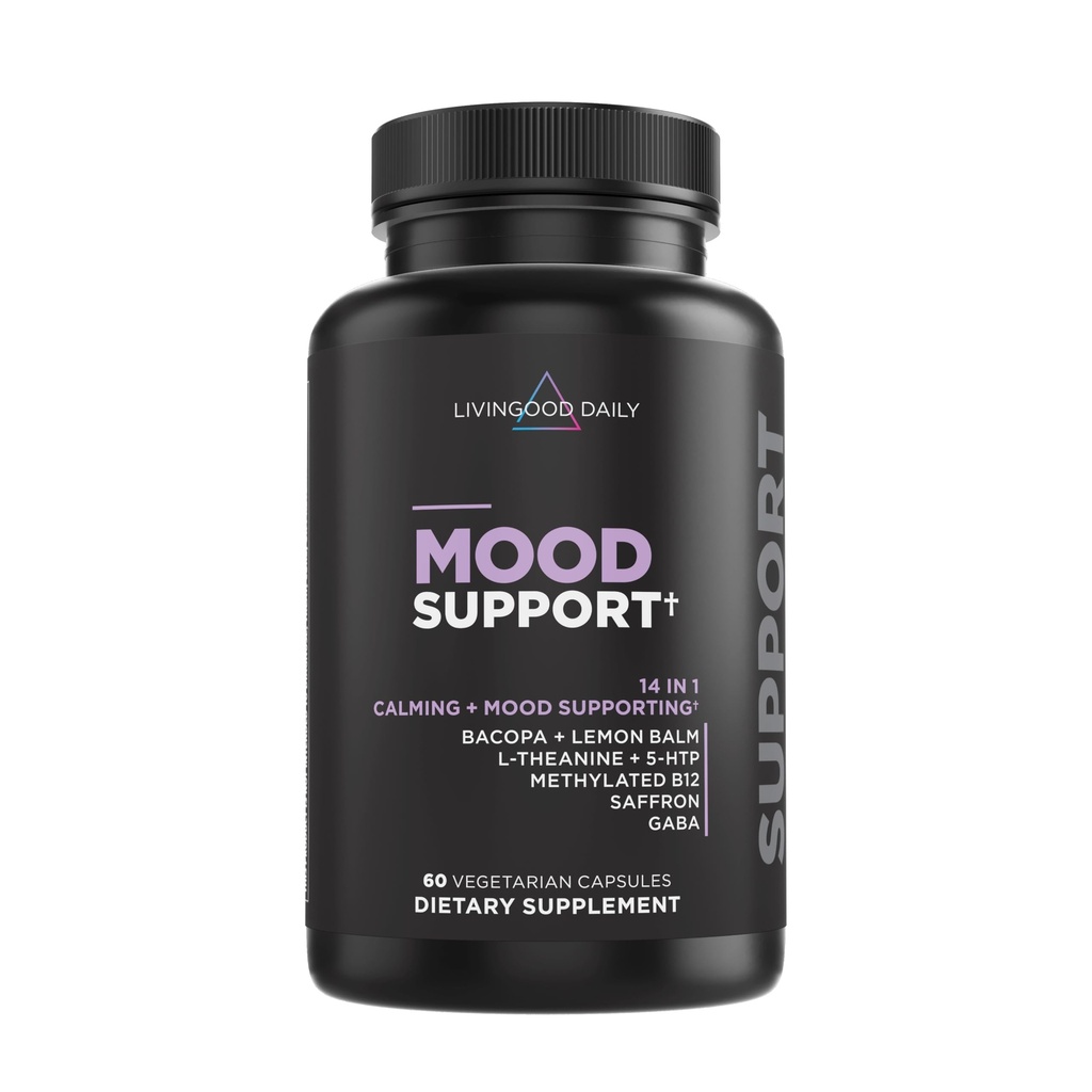 Livingood Daily Mood Support for Women & Men, 14- in-1 Formel med L Theanine, Lemon Balm, GABA, Saffron, 5- HTP & B12, Understøtter Focus & Emotional Wellness, Gluten Free, Vegan, 60 Kapsler