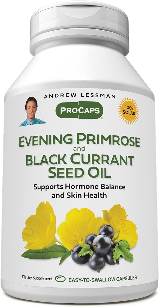 ANDREW LESSMAN Aften Primrose og Black Currant Seed Oil 60 Softgels - lindrer fysisk ubehag og Mood Swings På grund af menstruationscyklus, med Gamma- Linolenic, Omega- 6 Fedtsyrer, Ingen tilsætningsstoffer