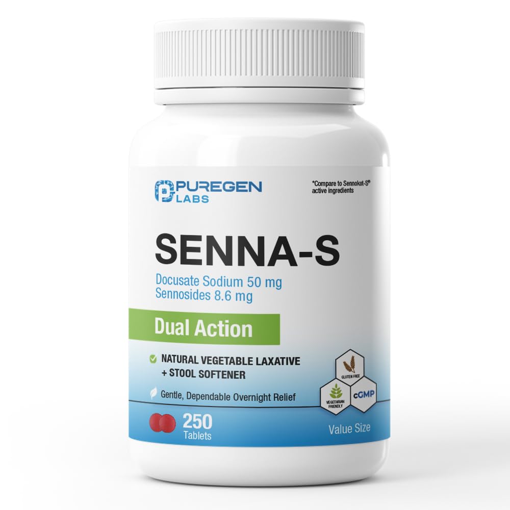 Puregen Labs Senna- S Natural Vegetabilsk Laxative Plus Afføring Blødgøringsmiddel Dual Action - 250 tabletter Senna Plus Destinable Overnight Relief of Occasional Constipation