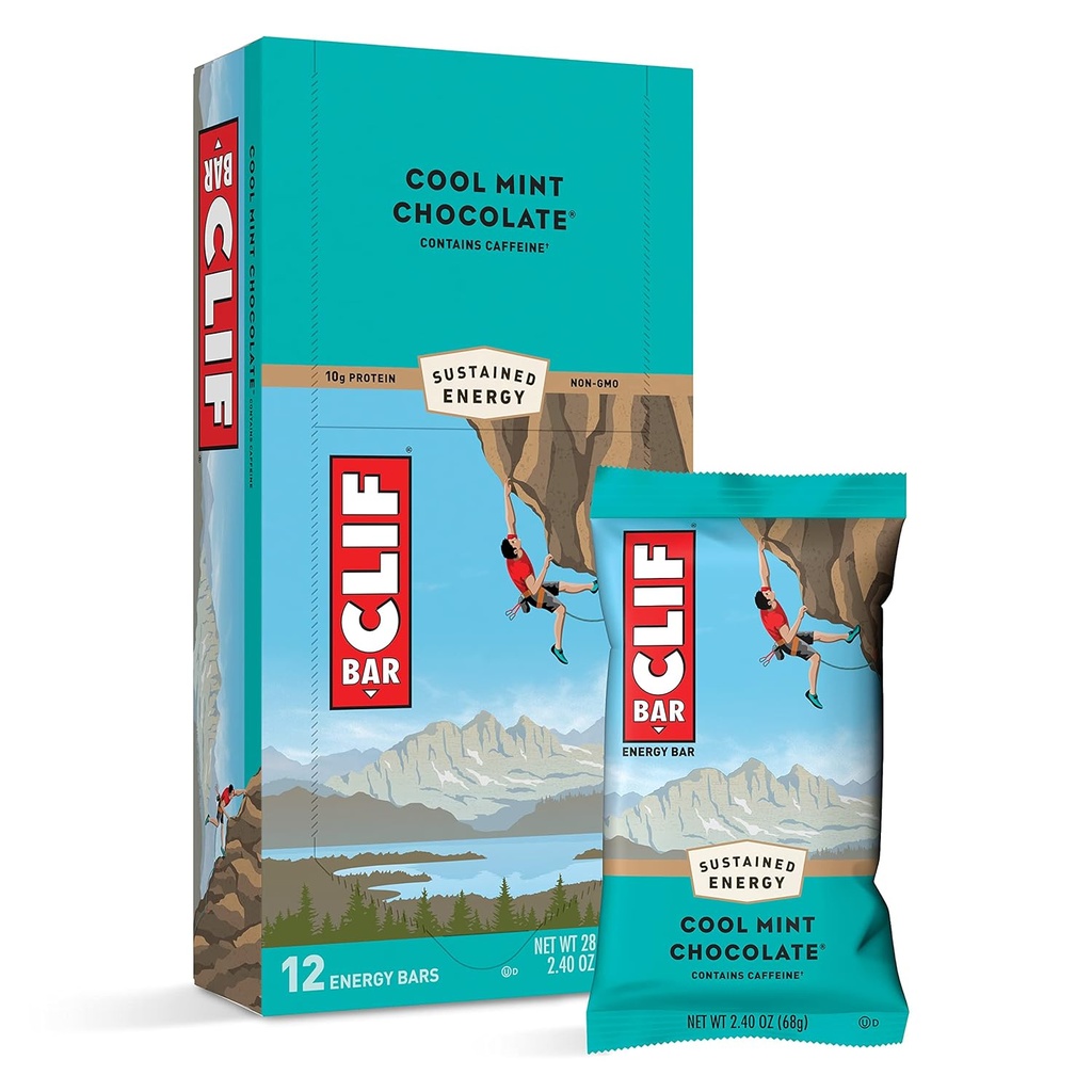 CLIF KARS - Energy Bars - Cool Mint Chokolade - Med Koffein - Lavet med Økologisk Havre - Plant baserede fødevarer - Vegetar - Kosher (2.4 Ounce Protein Bars, 12 Greve) Packaging May Vary