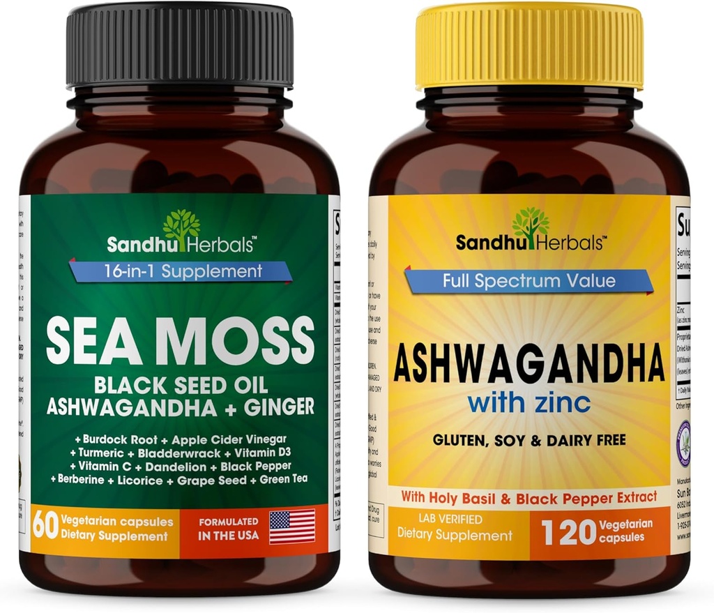SANDHUHERBALS Sandhu Herbals Sea Moss 16 i 1 Supplement & 4 i 1 Ashwagandha Supplement 124; Understøtter immunsundhed & Samlet Wellness