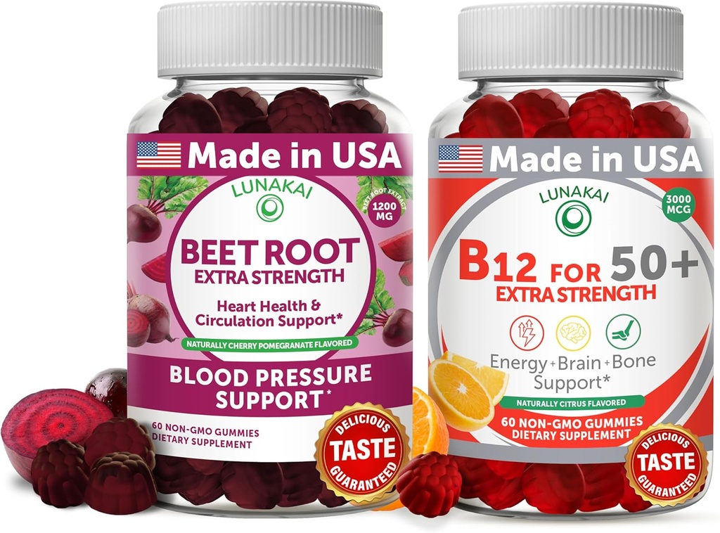 Lunakai Beet Root og vitamin B12 Gummies for voksne 50 Plus Bundle Proprietary Antioxidant Blend - Heart & Circulation Support, Energy & Vitality Boost, høj styrke