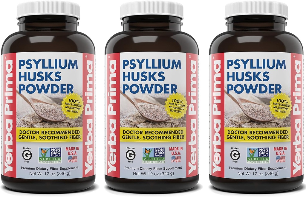 Yerba Prima Psyllium Husks Powder - 12 oz (Pack of 3) - Natural Fiber Supplement - Colon Cleansing - Vegan, Non- GMO, Gluten- Free (New Label - Packaging May Vary)