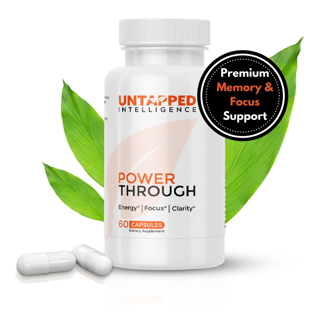 Power through - Nootrop Brain Supplement for Hukommelse og Fokus med L- Theanin, Bacopa Monnieri, Rhodiola Rosea, B12, Energy Pills, Mood Support & Best Brain Supplement for Hukommelse Fokus