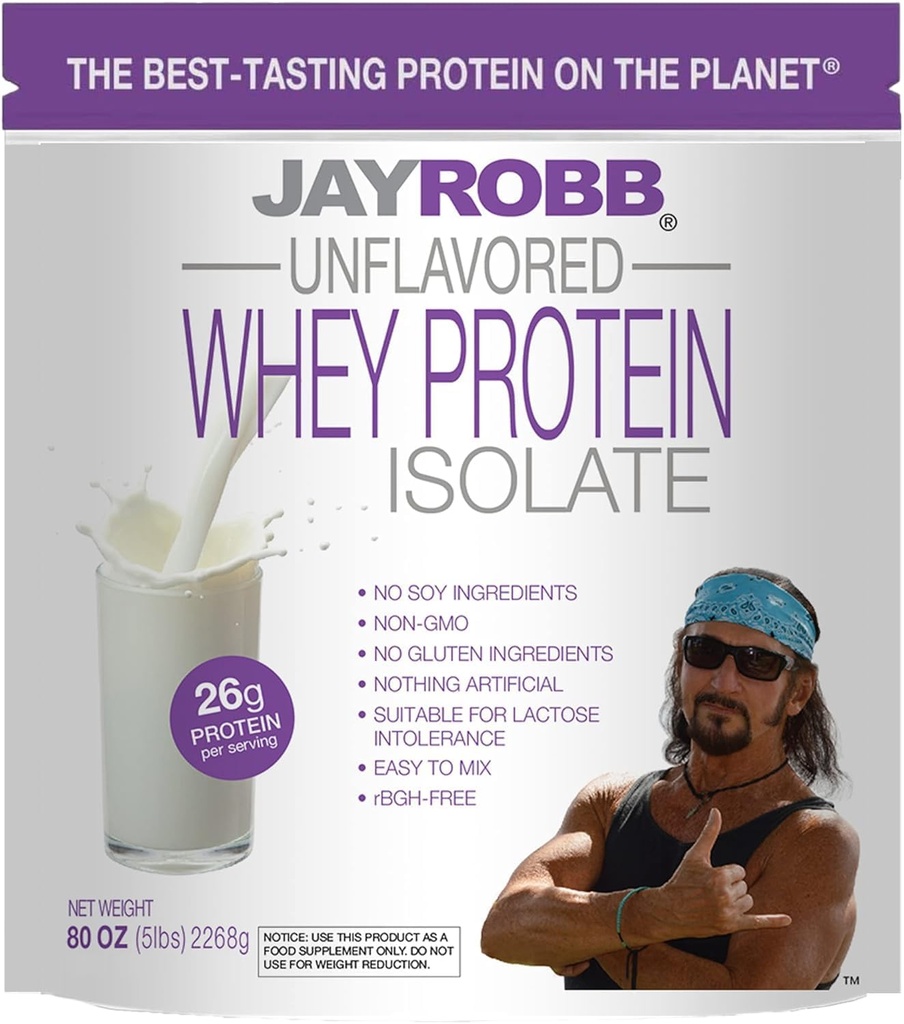 Jay Robb Whey Isolate Protein Powder, Low Carb, Keto, Vegetarian, Gluten Free, Lactose Free, No Sugar Added, No Fat, No Soy, Nothing Kunstig, Non- GMO, Best- Tasting (5 Pound, Unflavored)