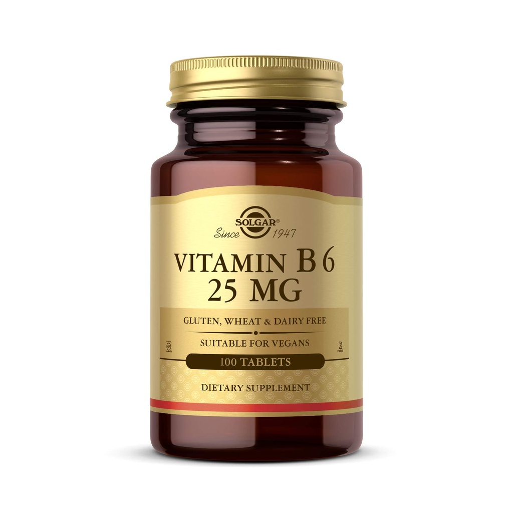Solgar vitamin B6 25 mg, 100 tabletter - Understøtter energi Metabolisme, hjerte sundhed og sund nervesystem - B Complex supplement - Vegan, Gluten Free, Dairy Free, Kosher - 100 Servere