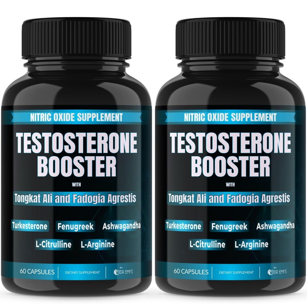 Dr. Emy 's (2 Pack Testosteron Booster- Tongkat Ali Fadogia Agrestis Nitrooxid Ashwagandha tillæg til mænd med L Arginin Citrullin Fenugreek - Turkesterone Pre Workout Pump (120 kapsler)