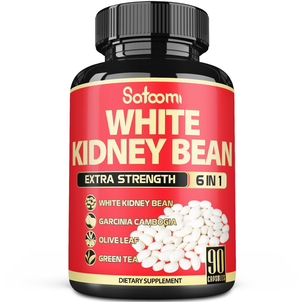 Satoomi 6 i 1 Hvid Nyre Bean Uddrag Kapsler -90 Kapsler -3 Måned Supply - Ekstra Blend med Olive Leaf, Green Coffee Bean & Green Tea - Support Carb skala ned